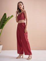 Women's Red Crop Top Palazzos And Printed Jacket Co-Ord