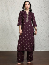 Women's Purple Ethnic Motifs Printed Regular Kurta With Palazzos