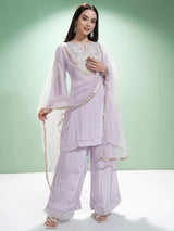 Women's Lavender Printed Regular Kurta With Trousers & With Dupatta
