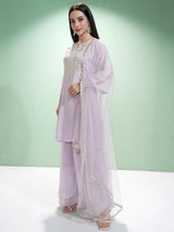 Women's Lavender Printed Regular Kurta With Trousers & With Dupatta