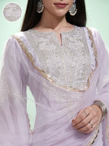 Women's Lavender Printed Regular Kurta With Trousers & With Dupatta
