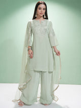Women's Green Embroidered Regular Kurta With Trousers & With Dupatta
