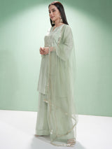 Women's Green Embroidered Regular Kurta With Trousers & With Dupatta