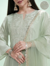 Women's Green Embroidered Regular Kurta With Trousers & With Dupatta