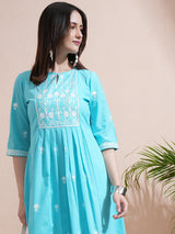 Women's Blue Ethnic Regular Fit Three Quarter Sleeves Kurta