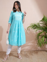 Women's Blue Ethnic Regular Fit Three Quarter Sleeves Kurta