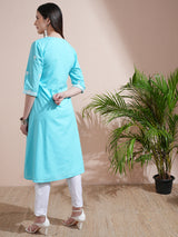 Women's Blue Ethnic Regular Fit Three Quarter Sleeves Kurta