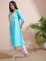 Women's Blue Ethnic Regular Fit Three Quarter Sleeves Kurta
