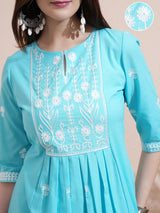 Women's Blue Ethnic Regular Fit Three Quarter Sleeves Kurta