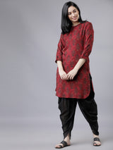 Women's Maroon Ethnic Printed Regular Fit Three Quarter Sleeves Top