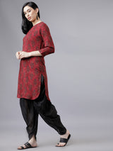Women's Maroon Ethnic Printed Regular Fit Three Quarter Sleeves Top