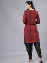 Women's Maroon Ethnic Printed Regular Fit Three Quarter Sleeves Top
