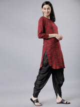 Women's Maroon Ethnic Printed Regular Fit Three Quarter Sleeves Top
