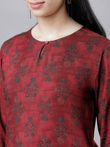 Women's Maroon Ethnic Printed Regular Fit Three Quarter Sleeves Top