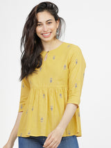 Women's Mustard Ethnic Printed Regular Fit Three Quarter Sleeves Top