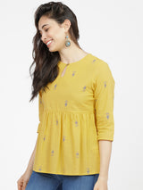 Women's Mustard Ethnic Printed Regular Fit Three Quarter Sleeves Top