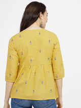 Women's Mustard Ethnic Printed Regular Fit Three Quarter Sleeves Top