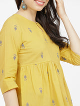 Women's Mustard Ethnic Printed Regular Fit Three Quarter Sleeves Top