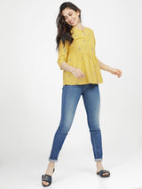 Women's Mustard Ethnic Printed Regular Fit Three Quarter Sleeves Top