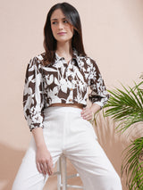 Women's Brown Printed Shirt Collar Three-Quarter Sleeves Shirt With Trouser