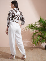 Women's Brown Printed Shirt Collar Three-Quarter Sleeves Shirt With Trouser