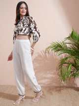 Women's Brown Printed Shirt Collar Three-Quarter Sleeves Shirt With Trouser