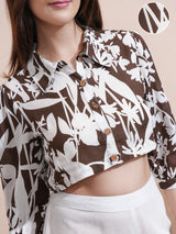 Women's Brown Printed Shirt Collar Three-Quarter Sleeves Shirt With Trouser