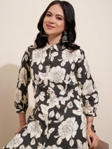Women's Black Floral Printed Pure Cotton Longline Shirt With Palazzos