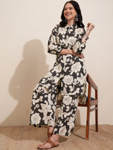 Women's Black Floral Printed Pure Cotton Longline Shirt With Palazzos