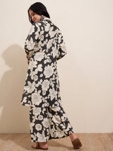 Women's Black Floral Printed Pure Cotton Longline Shirt With Palazzos