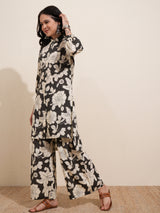 Women's Black Floral Printed Pure Cotton Longline Shirt With Palazzos