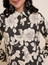 Women's Black Floral Printed Pure Cotton Longline Shirt With Palazzos