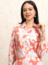 Women's Coral Pink Floral Printed Pure Cotton Longline Shirt With Palazzos