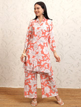 Women's Coral Pink Floral Printed Pure Cotton Longline Shirt With Palazzos