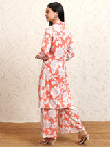 Women's Coral Pink Floral Printed Pure Cotton Longline Shirt With Palazzos