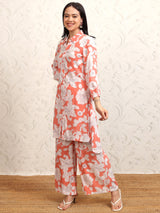 Women's Coral Pink Floral Printed Pure Cotton Longline Shirt With Palazzos