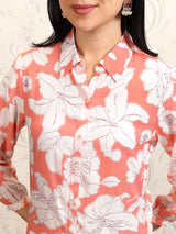 Women's Coral Pink Floral Printed Pure Cotton Longline Shirt With Palazzos