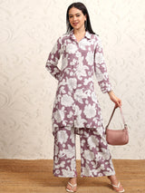 Women's Purple Printed Pure Cotton Shirt With Palazzos