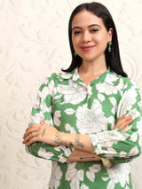 Women's Green Floral Printed Pure Cotton Longline Shirt With Palazzos