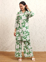 Women's Green Floral Printed Pure Cotton Longline Shirt With Palazzos