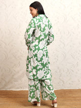 Women's Green Floral Printed Pure Cotton Longline Shirt With Palazzos