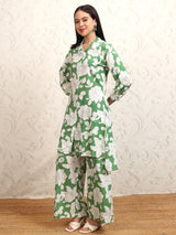 Women's Green Floral Printed Pure Cotton Longline Shirt With Palazzos