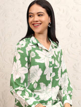 Women's Green Floral Printed Shirt Collar Tunic With Palazzos