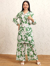 Women's Green Floral Printed Shirt Collar Tunic With Palazzos