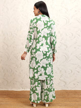 Women's Green Floral Printed Shirt Collar Tunic With Palazzos