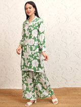 Women's Green Floral Printed Shirt Collar Tunic With Palazzos