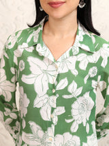 Women's Green Floral Printed Shirt Collar Tunic With Palazzos