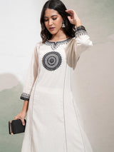 Women's Cream Ethnic Motifs Embroidered Panelled Mirror Work Pure Cotton Kurta With Trousers