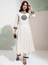 Women's Cream Ethnic Motifs Embroidered Panelled Mirror Work Pure Cotton Kurta With Trousers