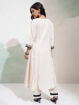 Women's Cream Ethnic Motifs Embroidered Panelled Mirror Work Pure Cotton Kurta With Trousers